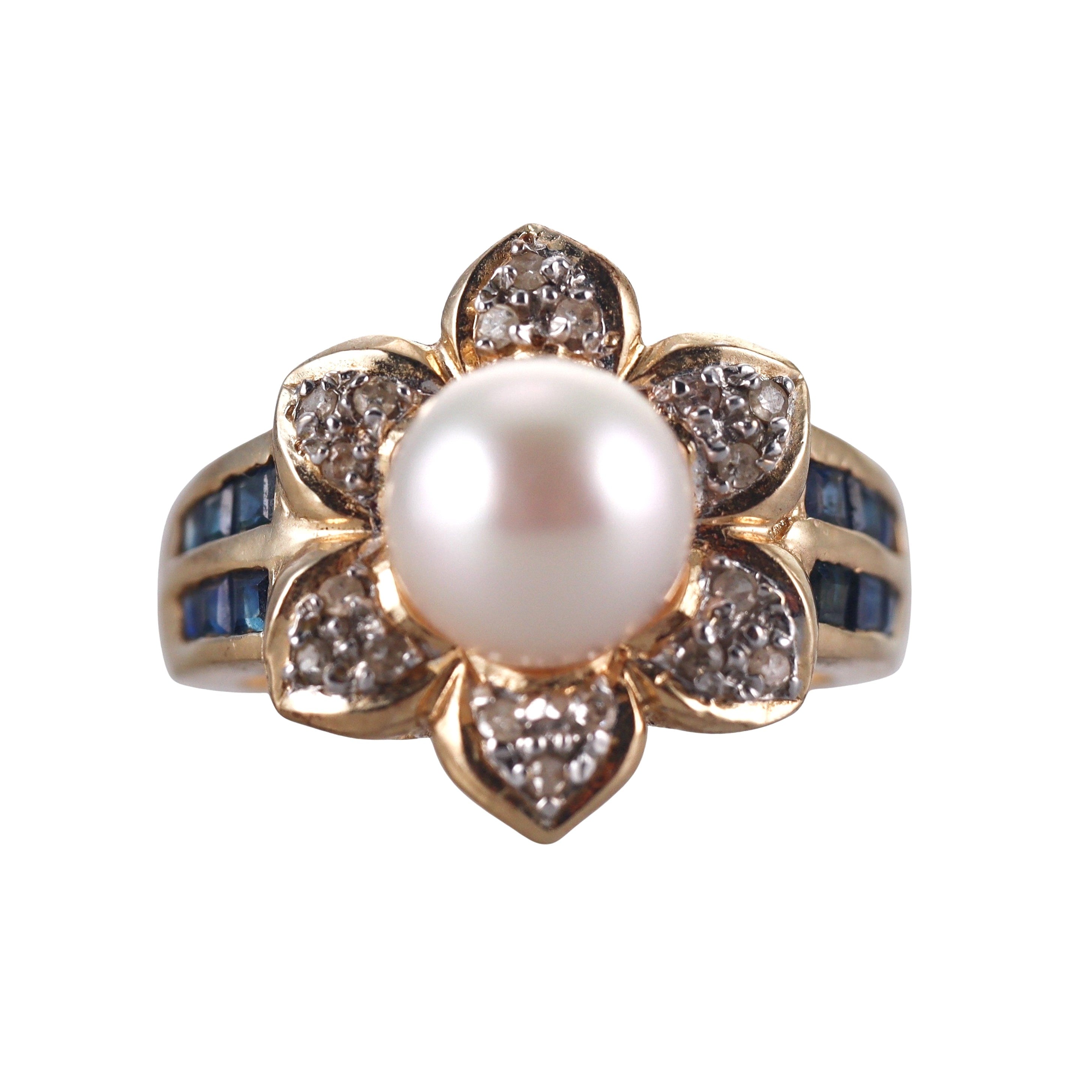 14k Yellow Gold Pearl Diamond Sapphire Ring