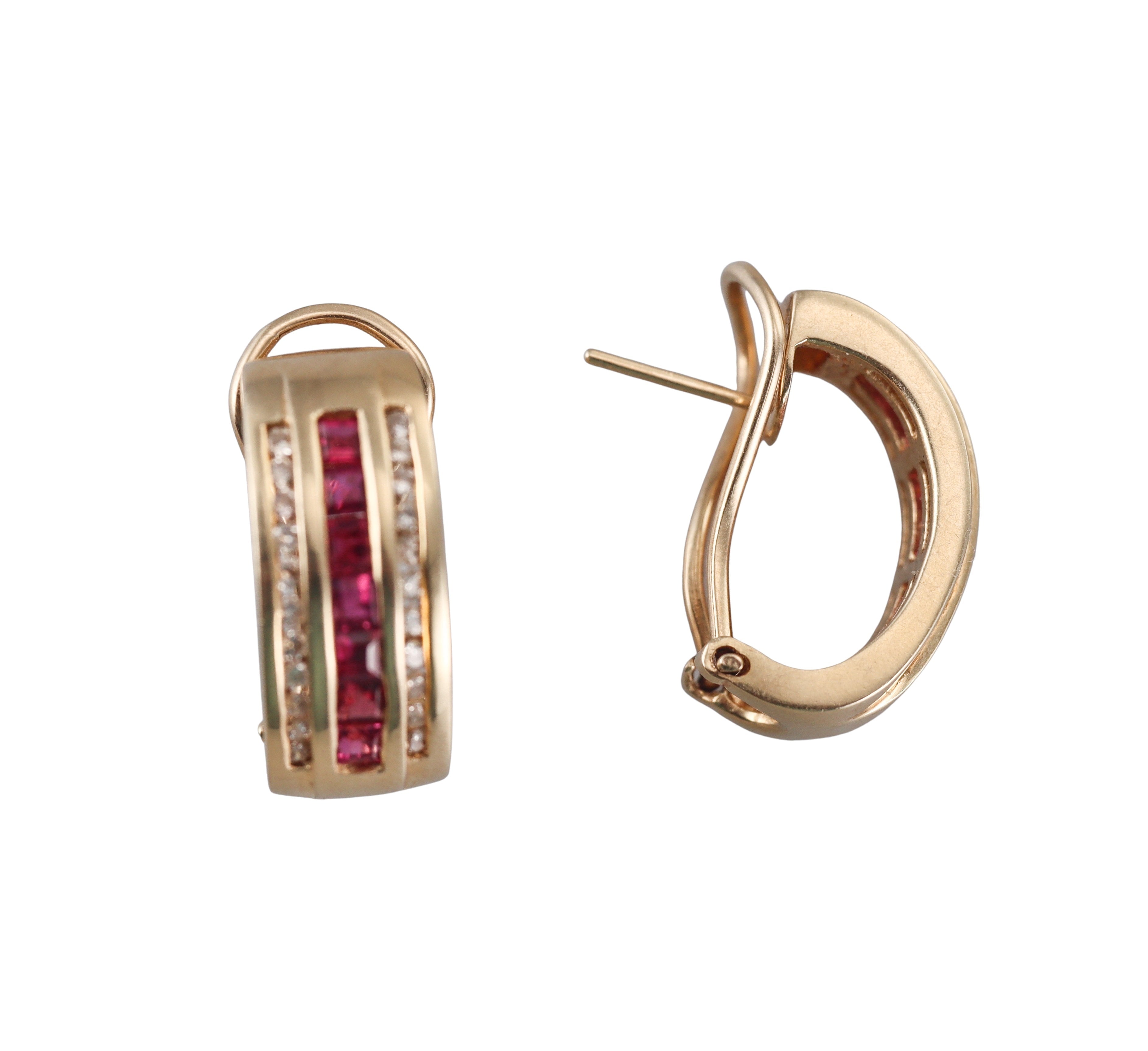 14k Yellow Gold Rubies Diamond Hoop Earrings