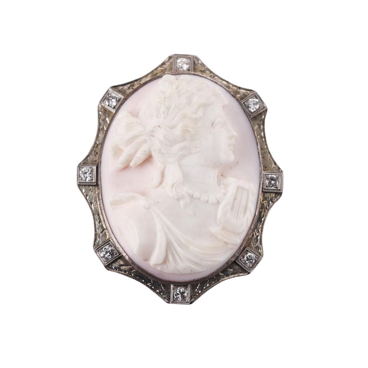 Art Deco 18k Gold Coral Cameo Diamond Brooch Pin