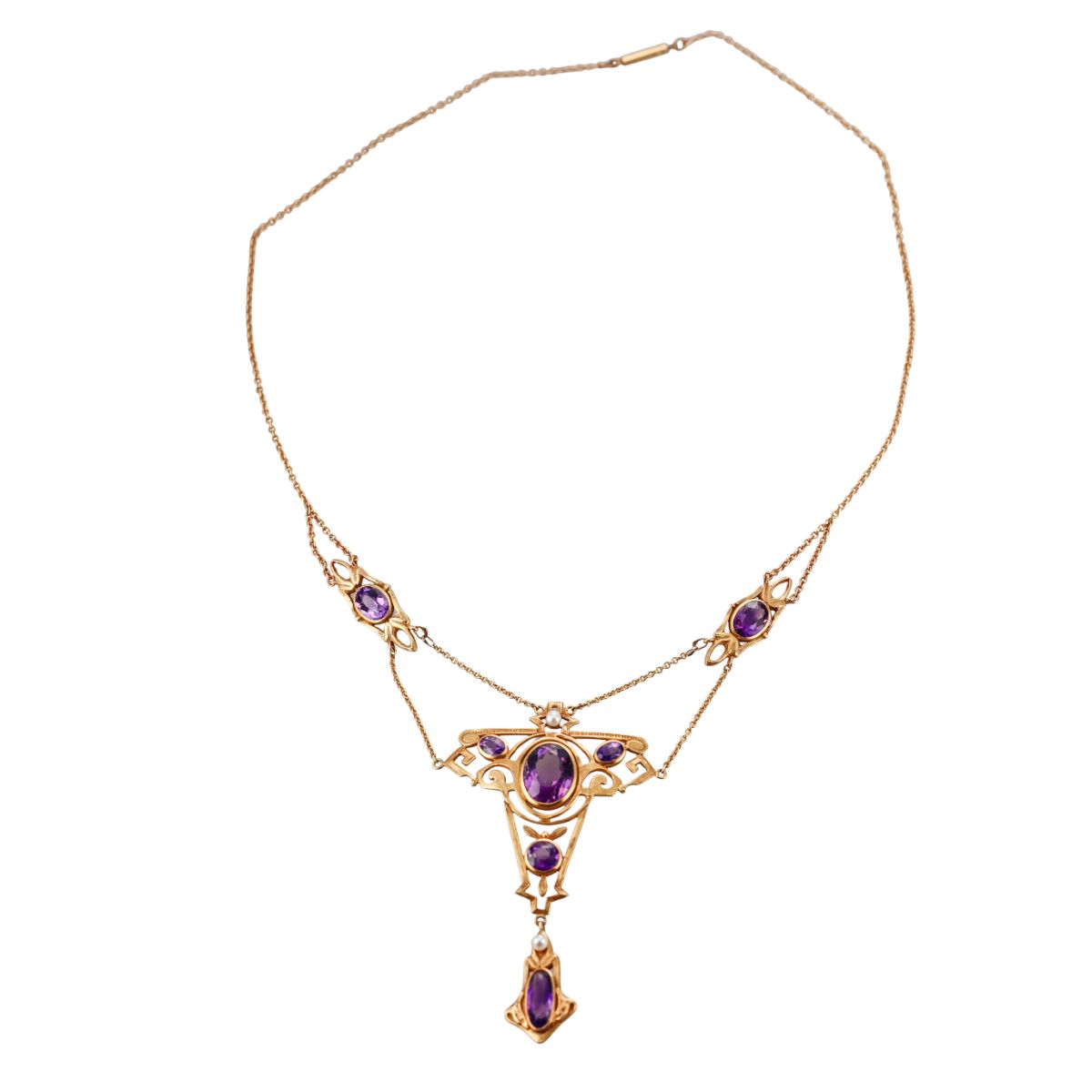 Art Nouveau Antique 14k Gold Amethyst Pearl Necklace