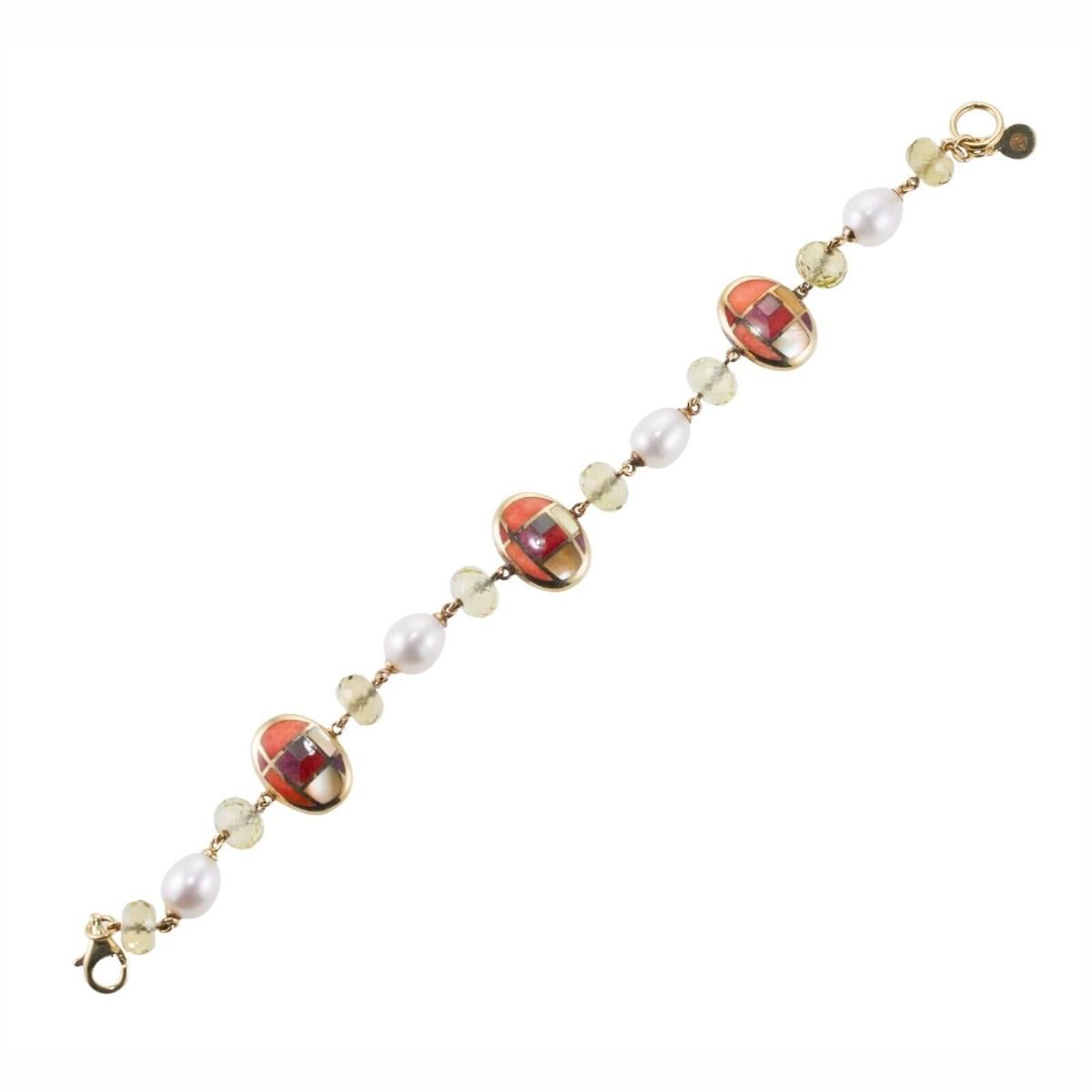 Asch Grossbardt Inlay Gemstone Peridot Pearl Gold Bracelet
