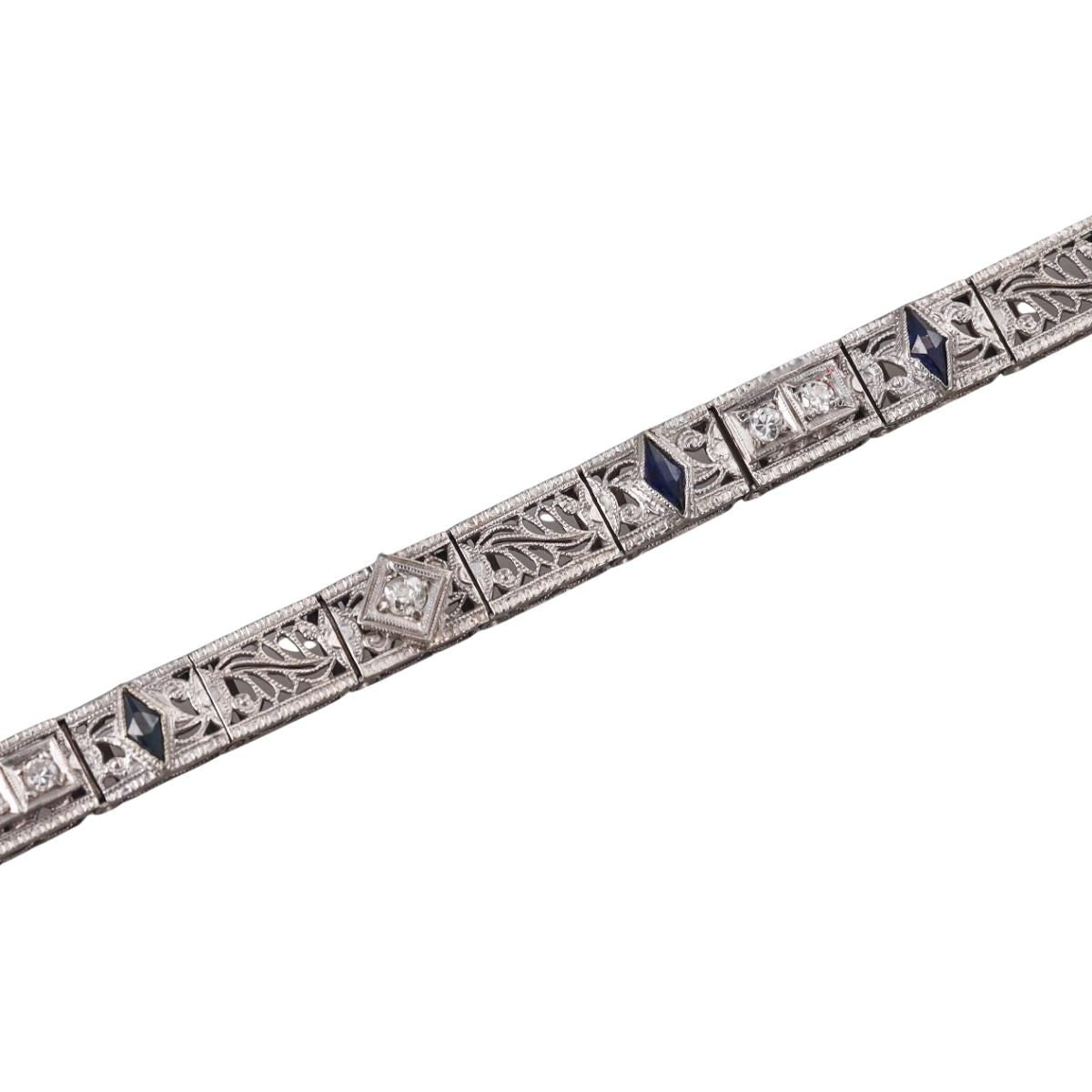Art Deco Filigree 18k Gold Diamond Sapphire Line Bracelet