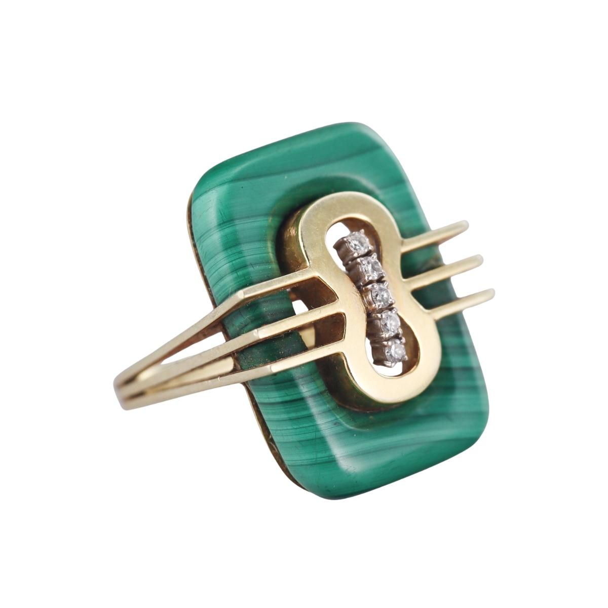 1970s Modernist 18k Gold Malachite Diamond Ring