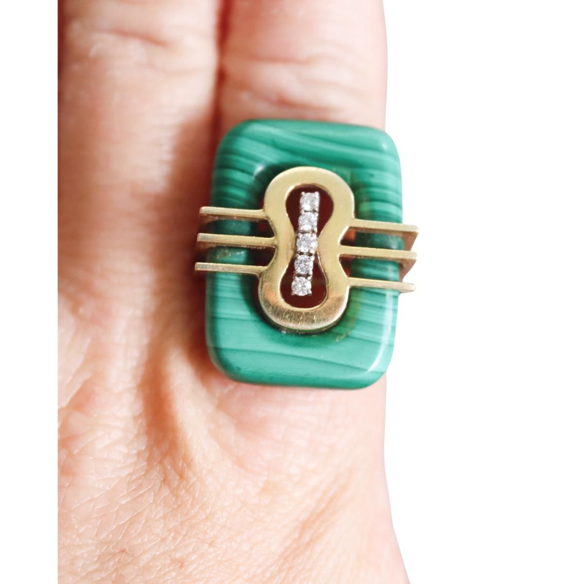 1970s Modernist 18k Gold Malachite Diamond Ring