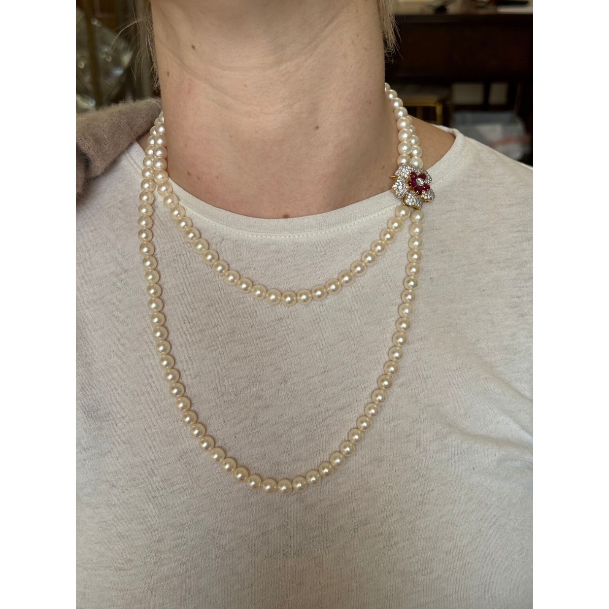 18k Gold Diamond Ruby Pearl Two Strand Necklace
