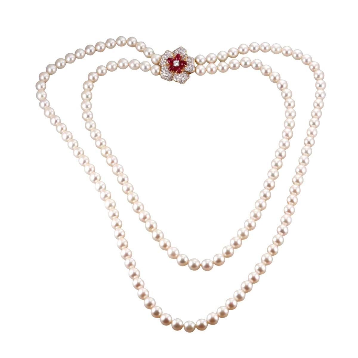 18k Gold Diamond Ruby Pearl Two Strand Necklace