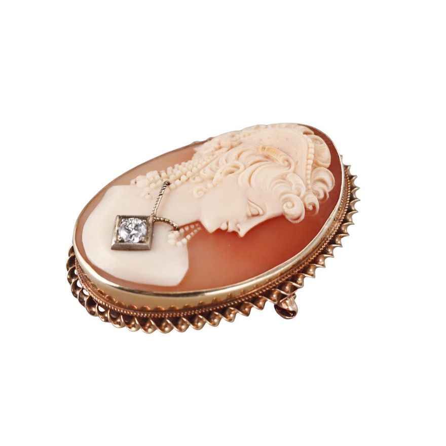 Vintage 14k Gold Diamond Cameo Brooch Pendant