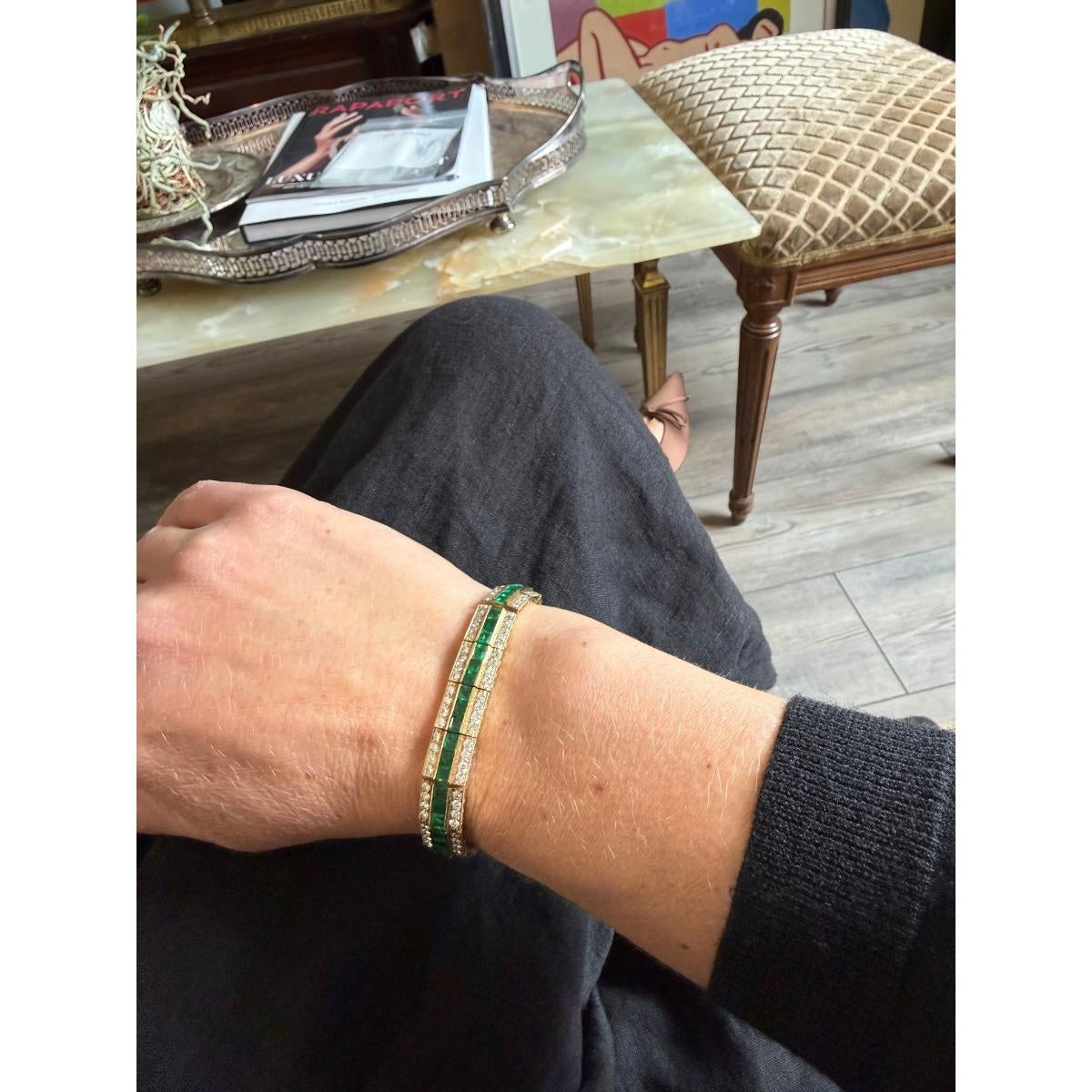 1980s Vintage 18K Gold Diamond Emerald Bracelet