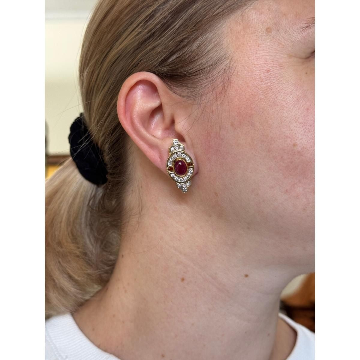 1980s  Vintage 18k Gold Diamond Ruby Earrings