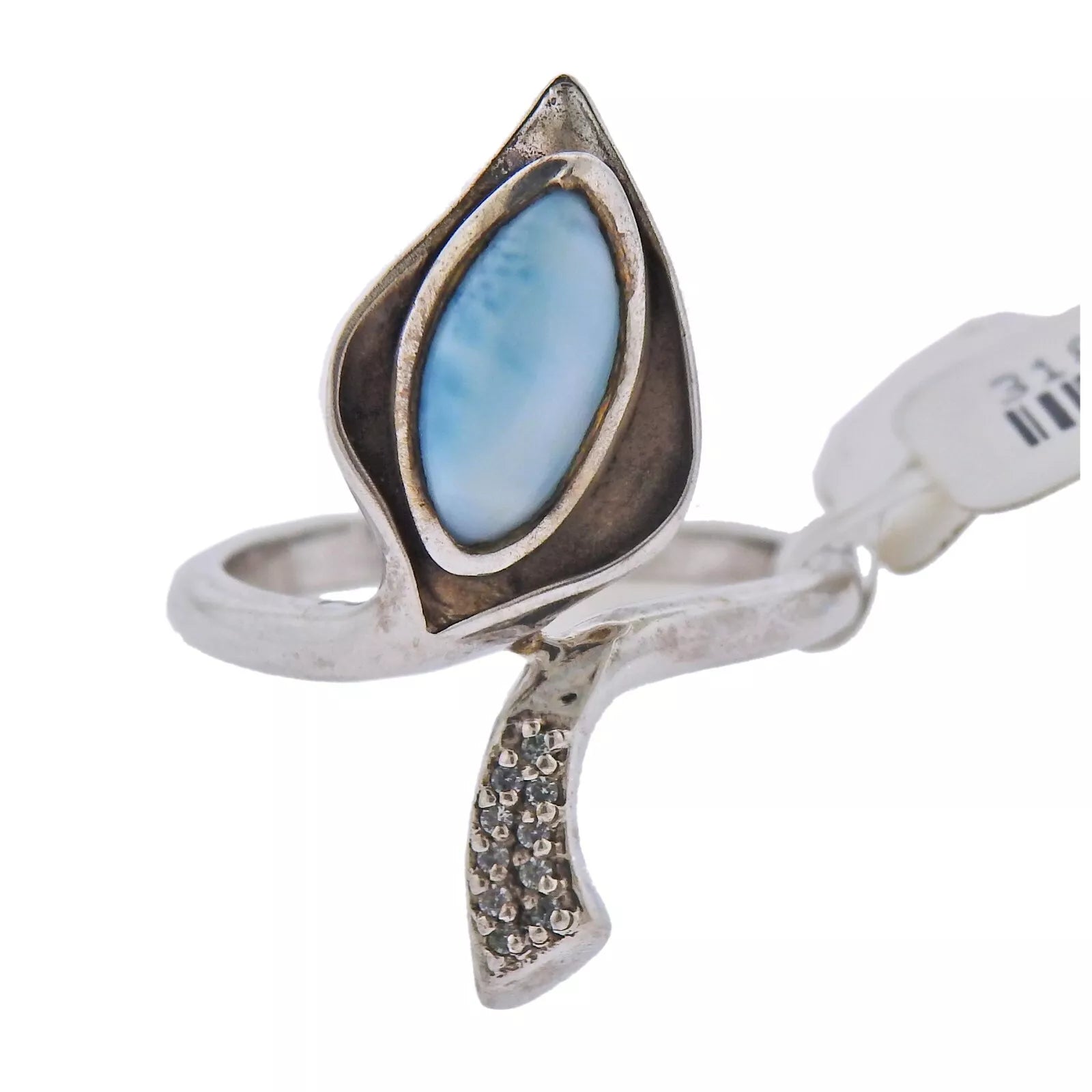 Marahlago  Sterling Silver Larimar White Sapphire Calla Lily Ring Retail $345  #41