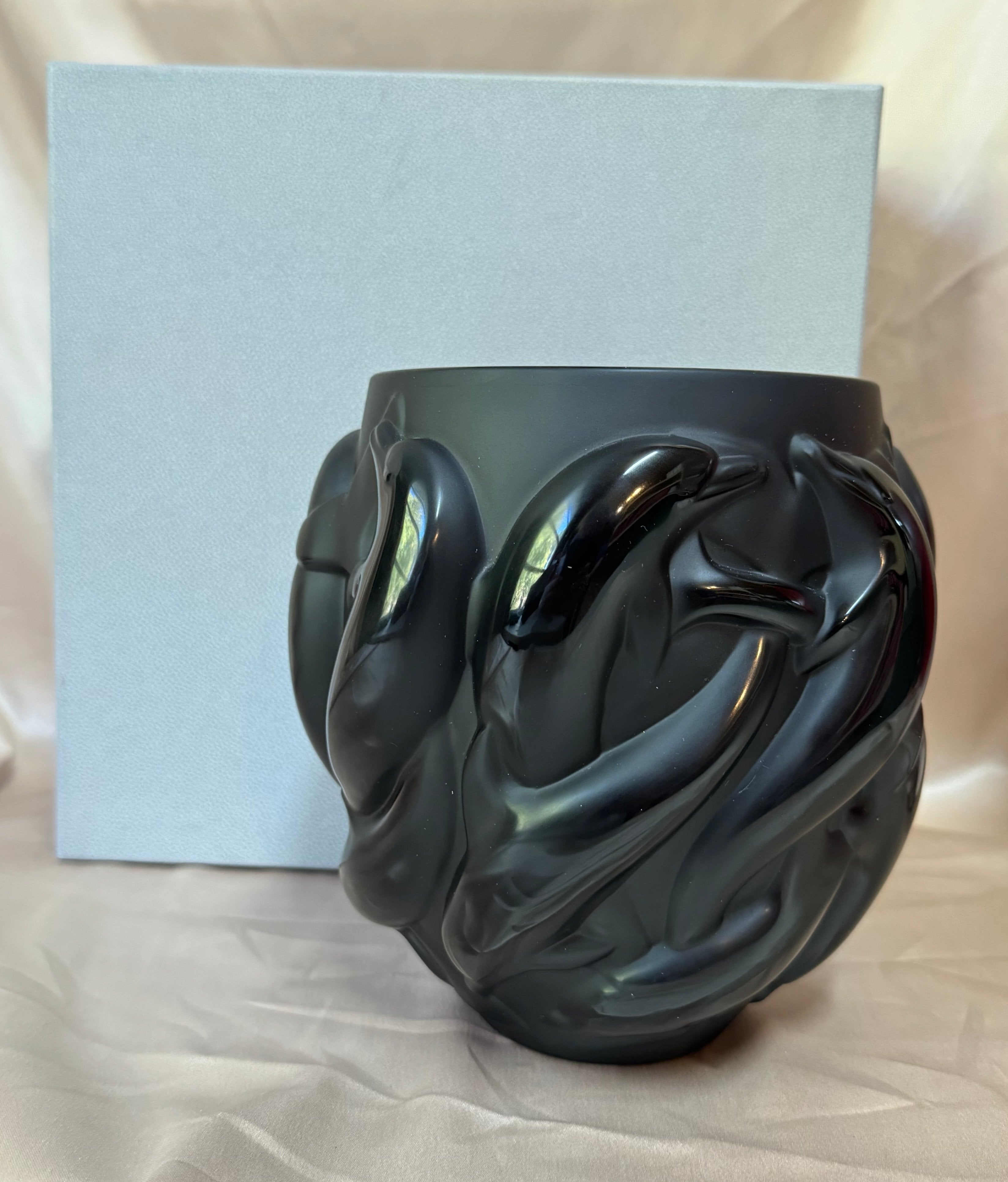 Lalique Crystal Dauphin Dolphin Black Vase #10037600