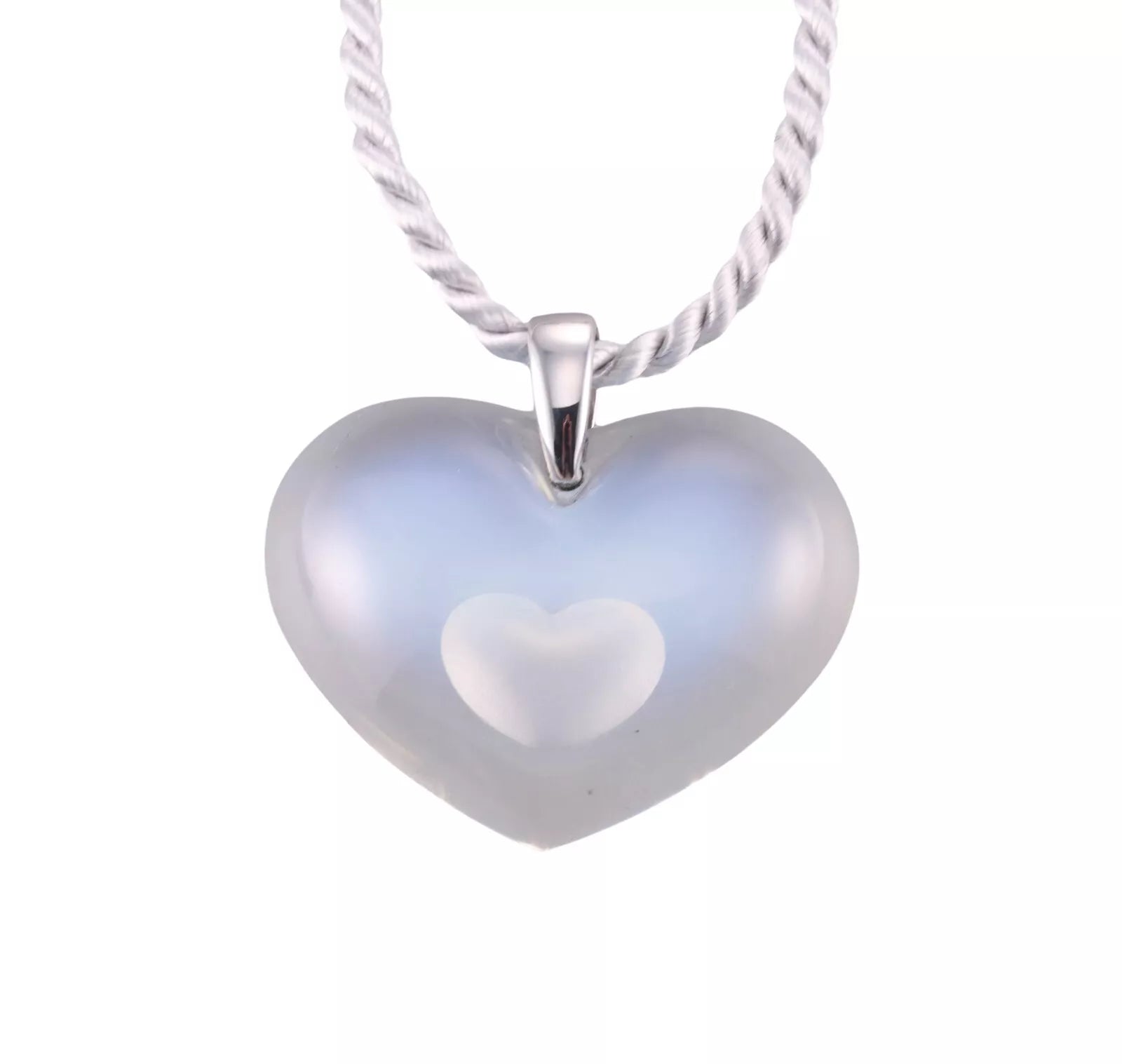 Lalique Sterling Silver Frosted Crystal Heart Pendant Cord Necklace 463