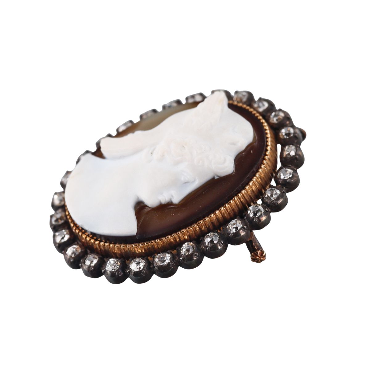 Antique 14k Gold Silver Diamond Hardstone Cameo Pendant Brooch
