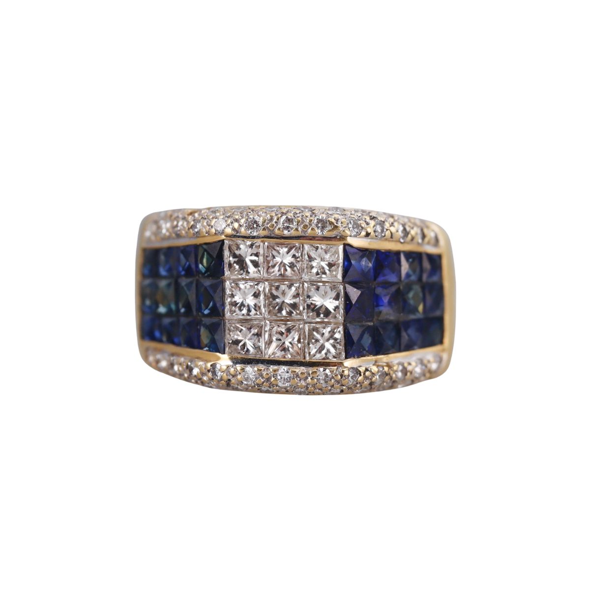 18k Yellow Gold Diamond French Cut Sapphire Ring