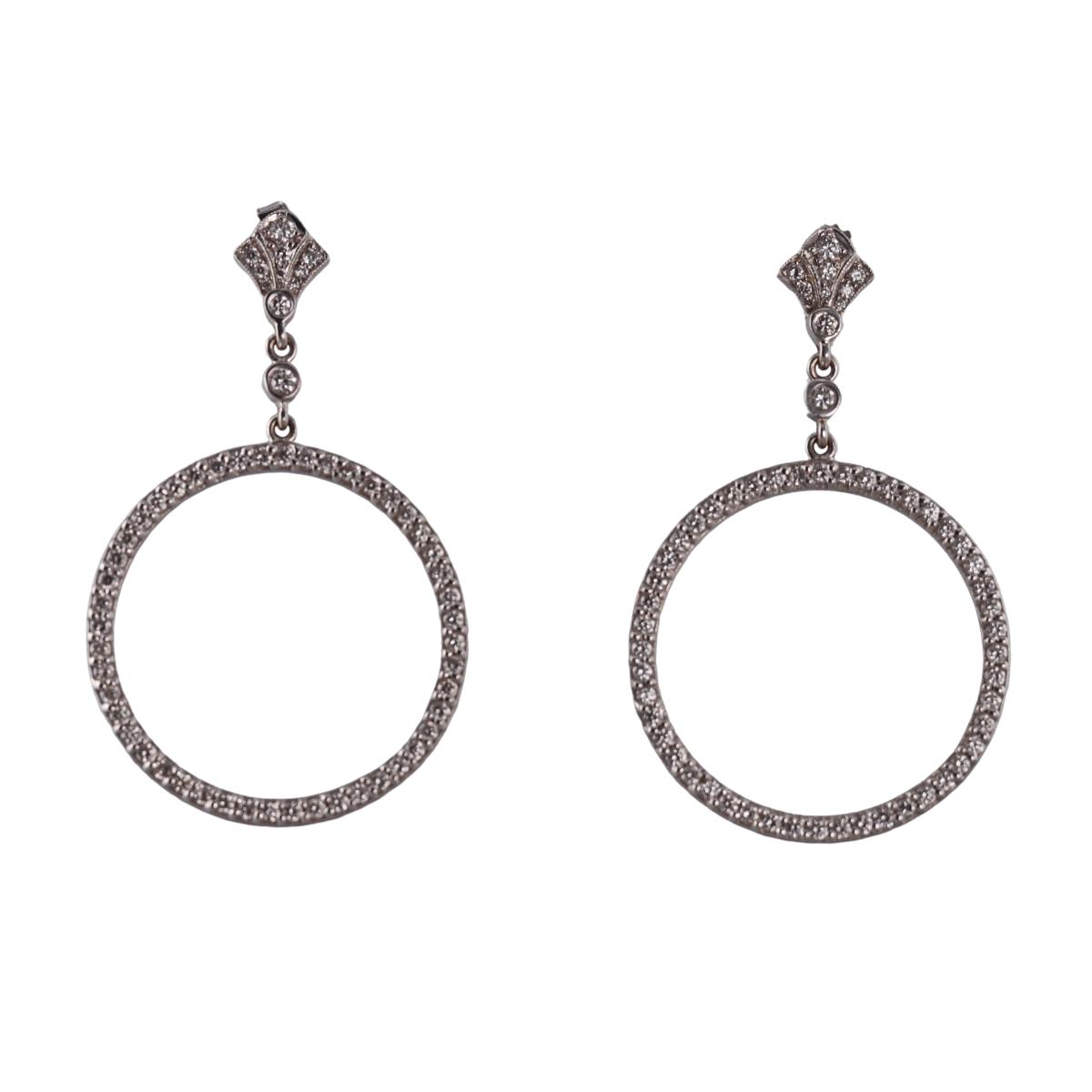 18k Gold Diamond Open Circle Drop Earrings