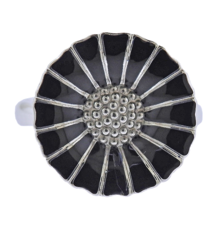 Georg Jensen Daisy Flower Silver Black Enamel Ring 18mm