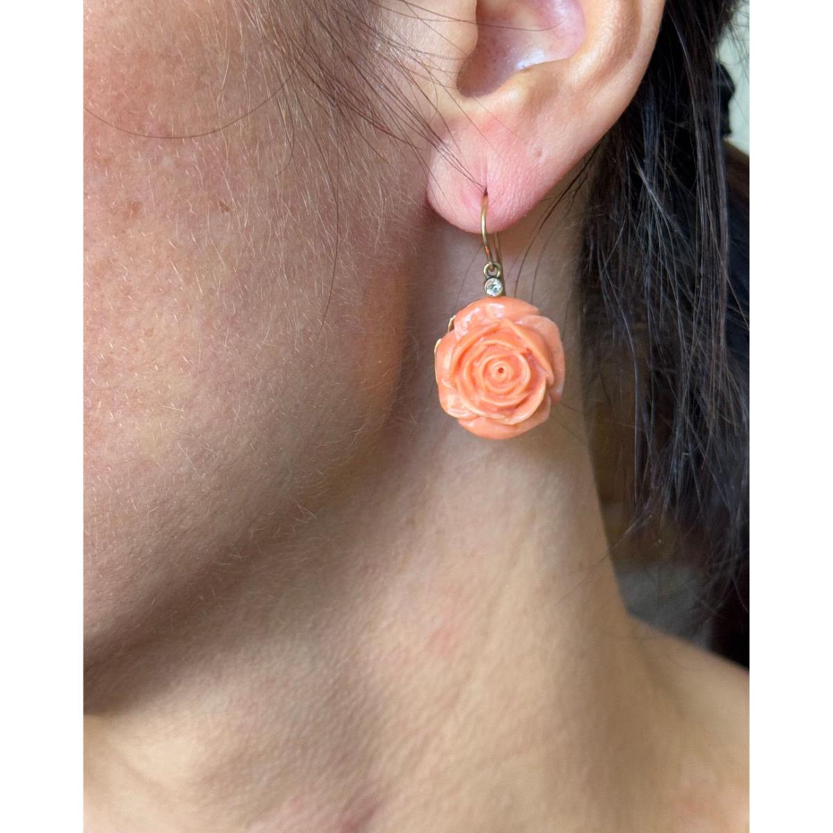 18k Rose Gold Carved Coral Diamond Flower Earrings