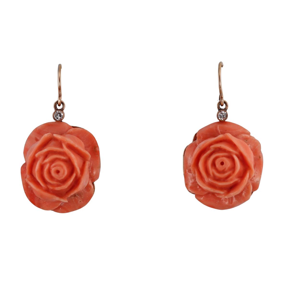 18k Rose Gold Carved Coral Diamond Flower Earrings