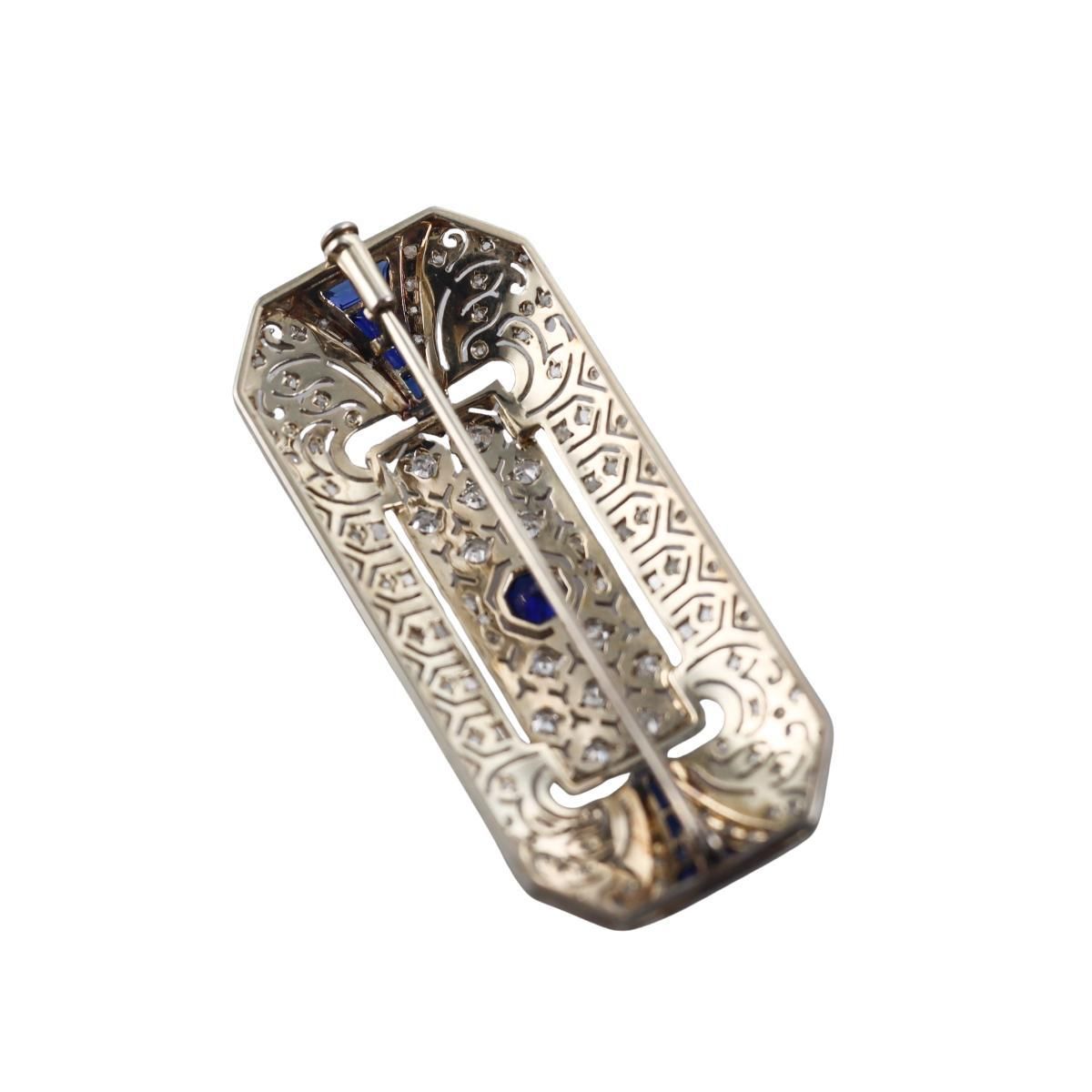Art Deco Filigree 18k Gold Diamond Sapphire Brooch Pin