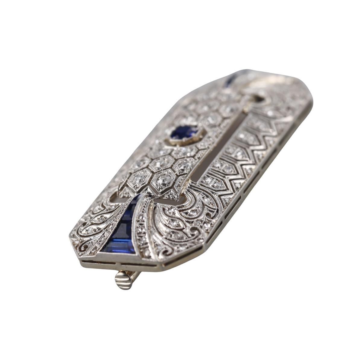 Art Deco Filigree 18k Gold Diamond Sapphire Brooch Pin