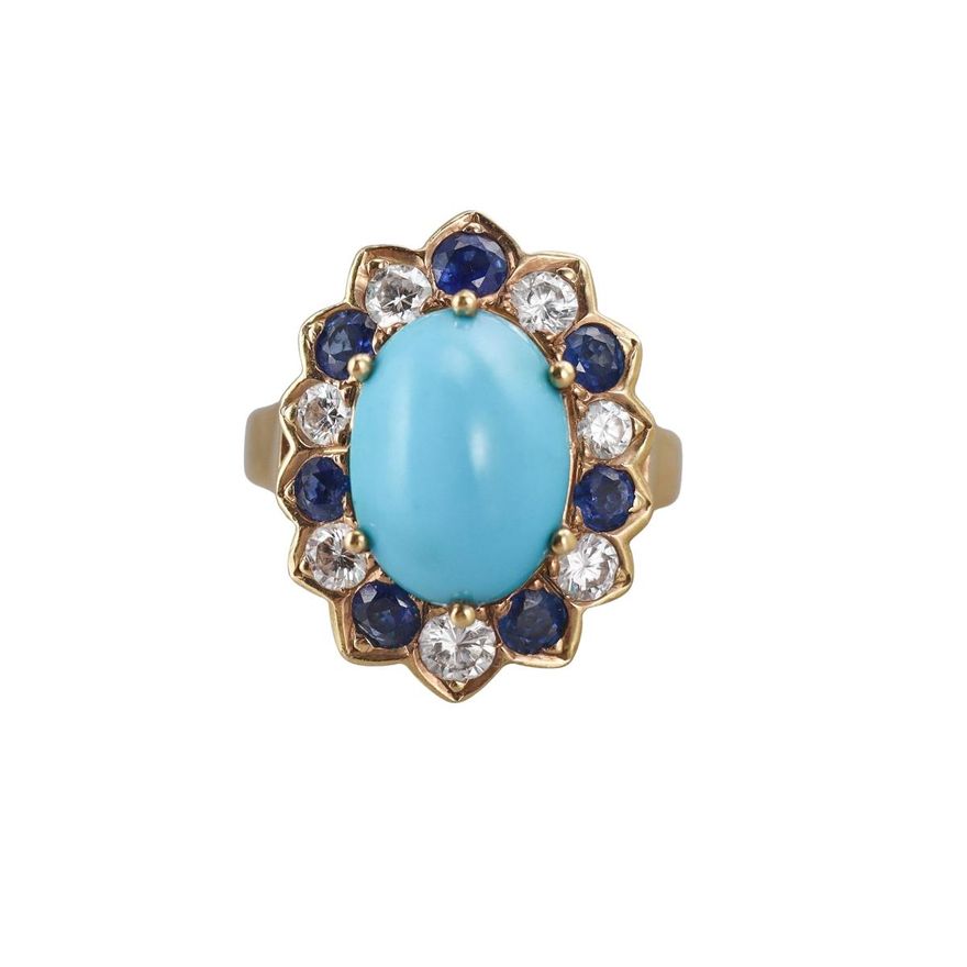 Vintage 18k Gold Turquoise Diamond Sapphire Ring