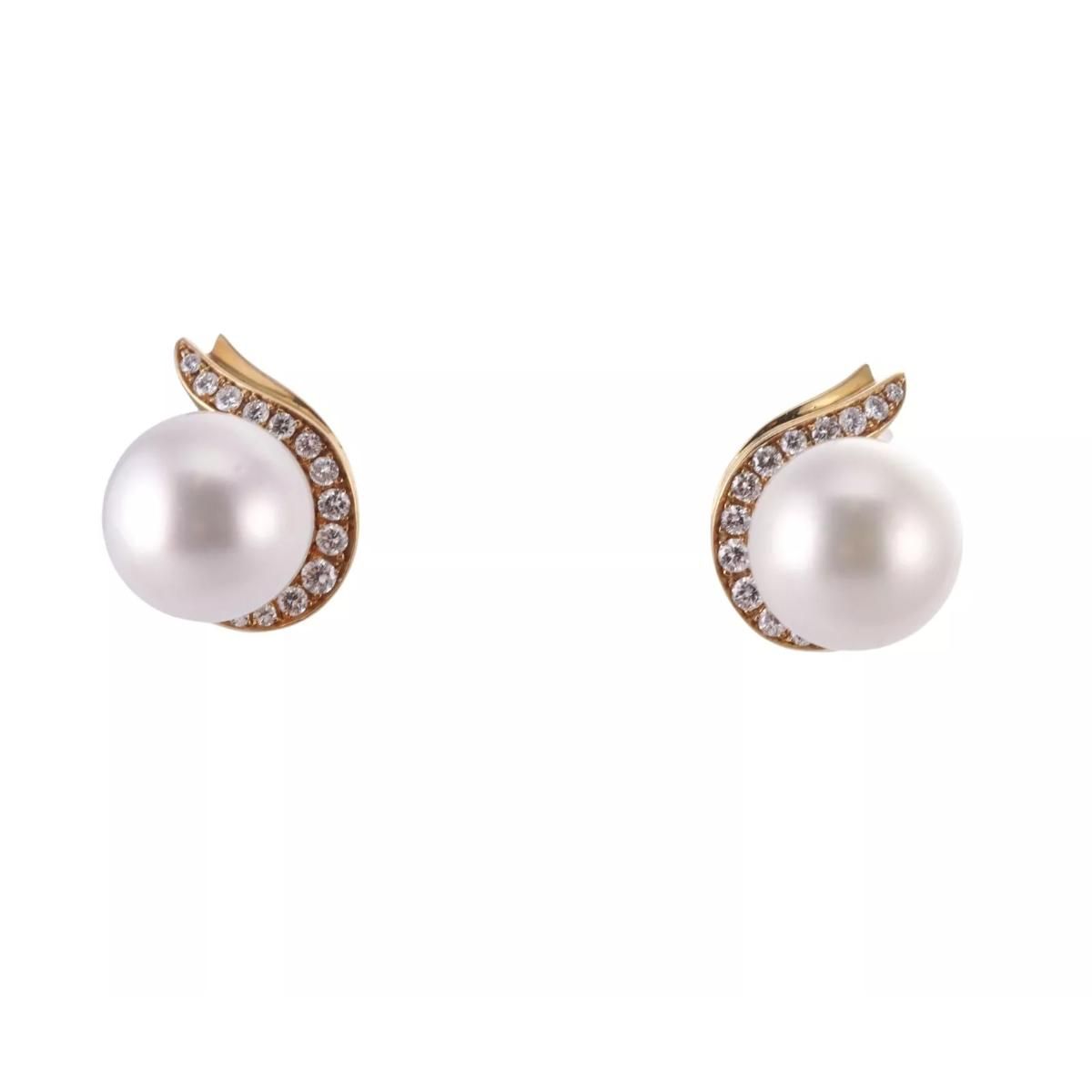 Italian Modern 18k Gold Diamond South Sea Pearl Stud Earrings