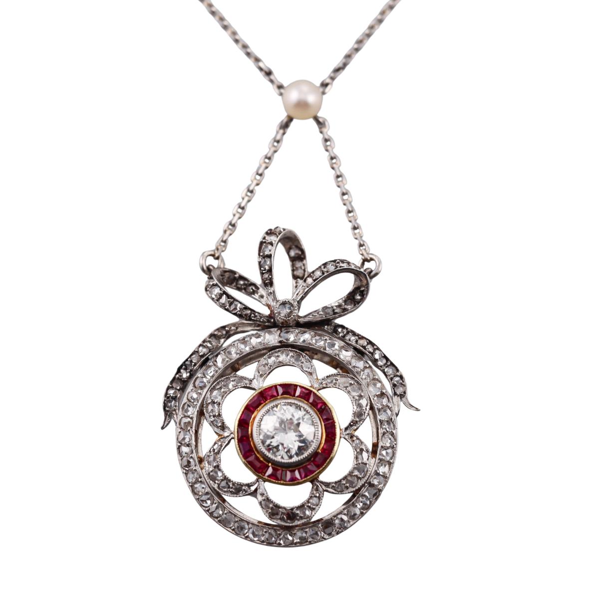 Antique Edwardian Gold Platinum Diamond Ruby Pearl Pendant Necklace