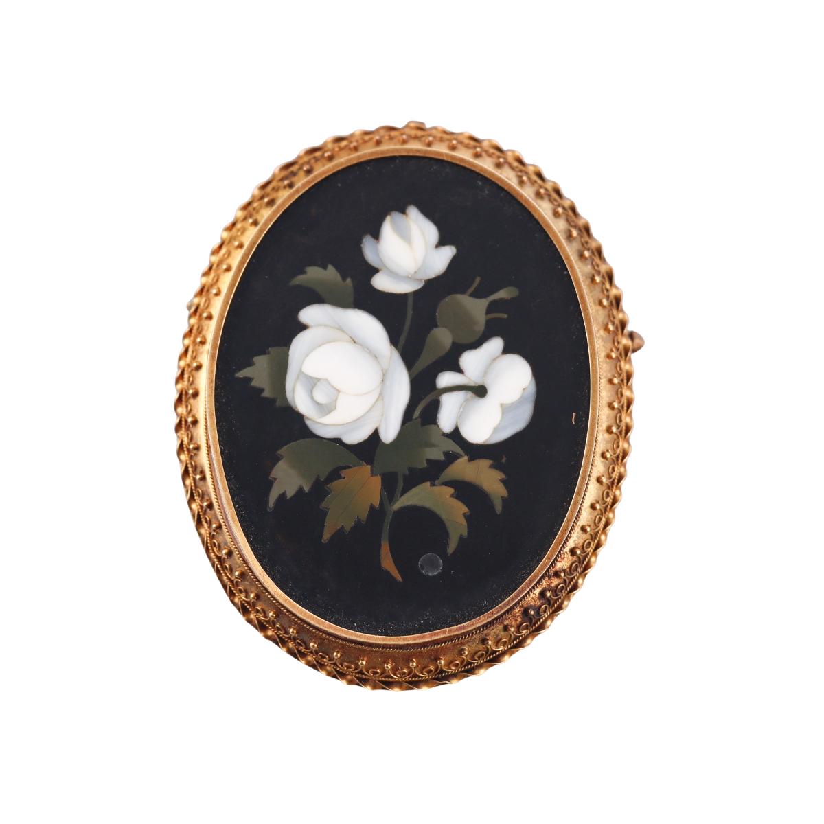 Victorian Pietra Dura Flower 18k Gold Locket Brooch Pin