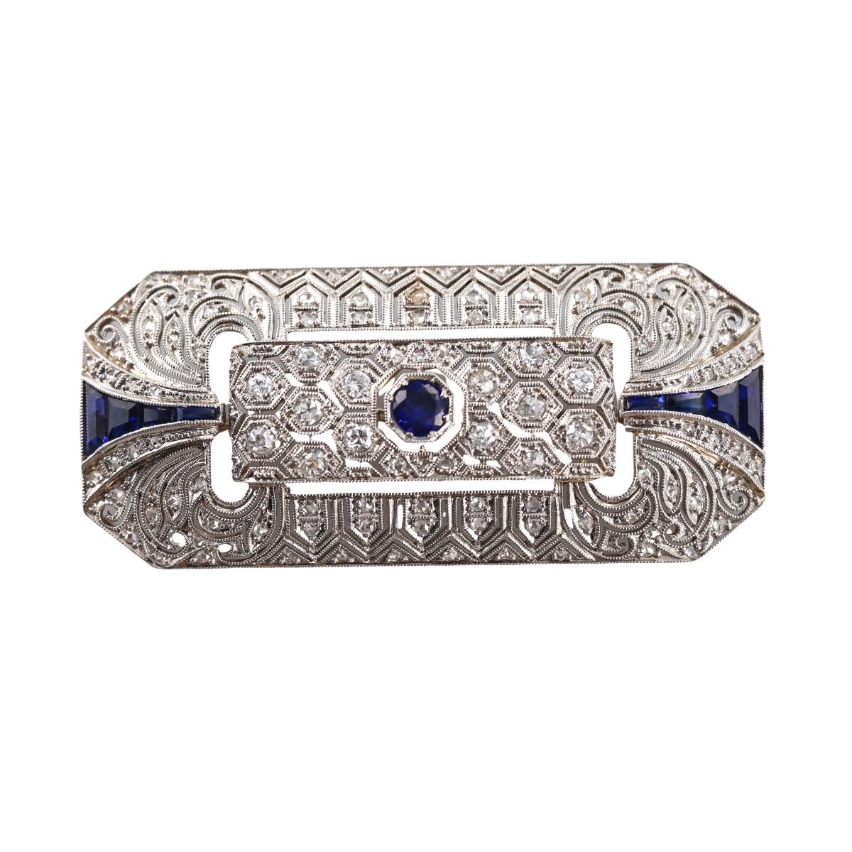 Filigree 18k Gold Diamond Sapphire Brooch Pin