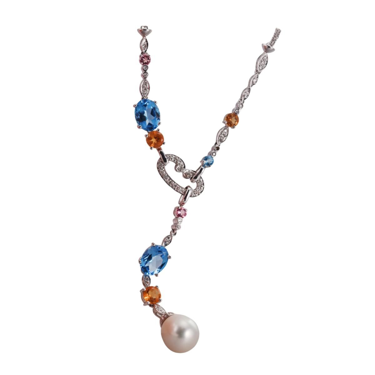 14k Gold Pearl Diamond Multi Gemstone Pendant Necklace
