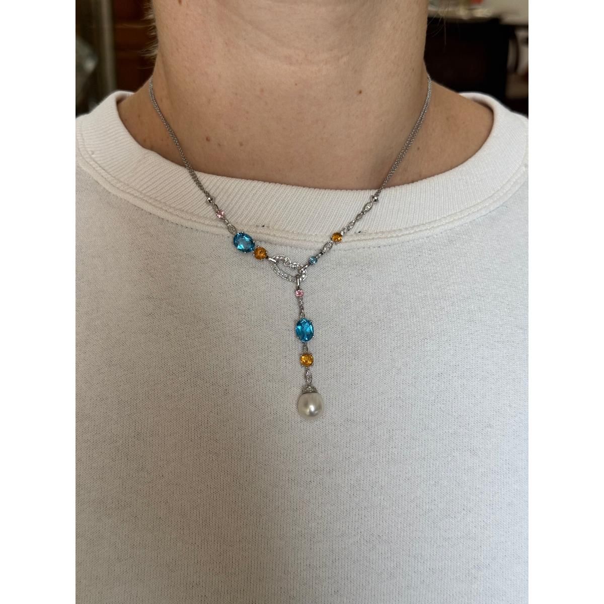 14k Gold Pearl Diamond Multi Gemstone Pendant Necklace