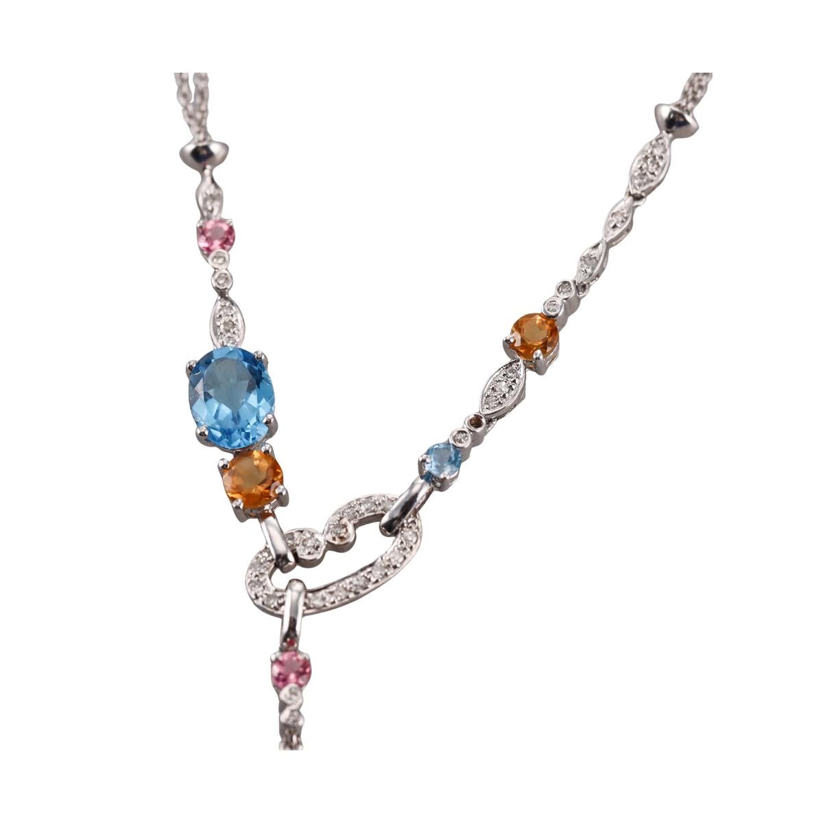 14k Gold Pearl Diamond Multi Gemstone Pendant Necklace