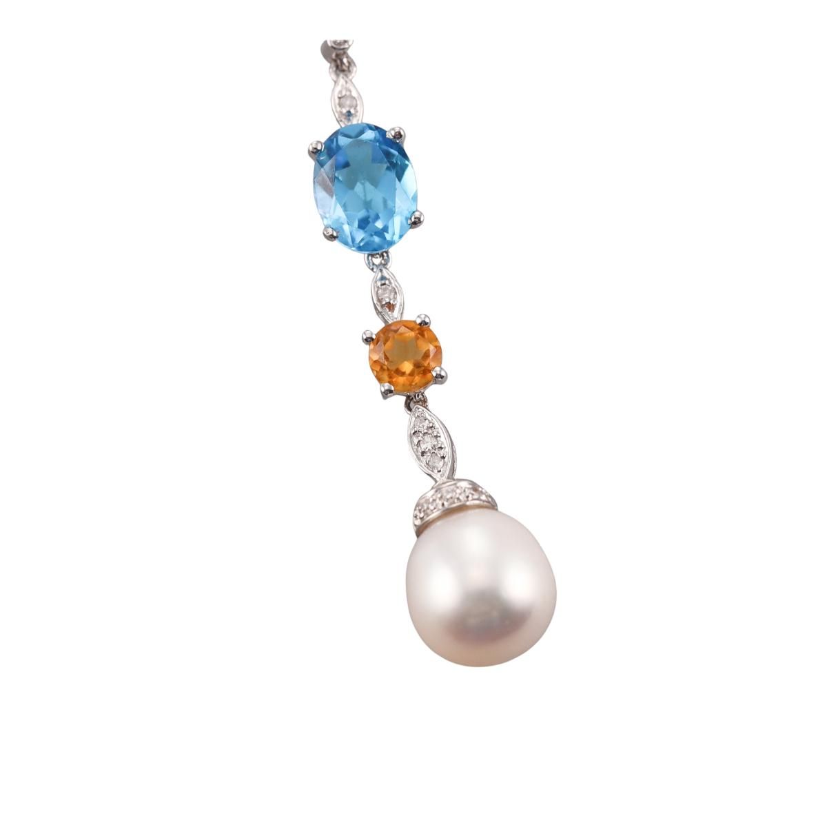 14k Gold Pearl Diamond Multi Gemstone Pendant Necklace