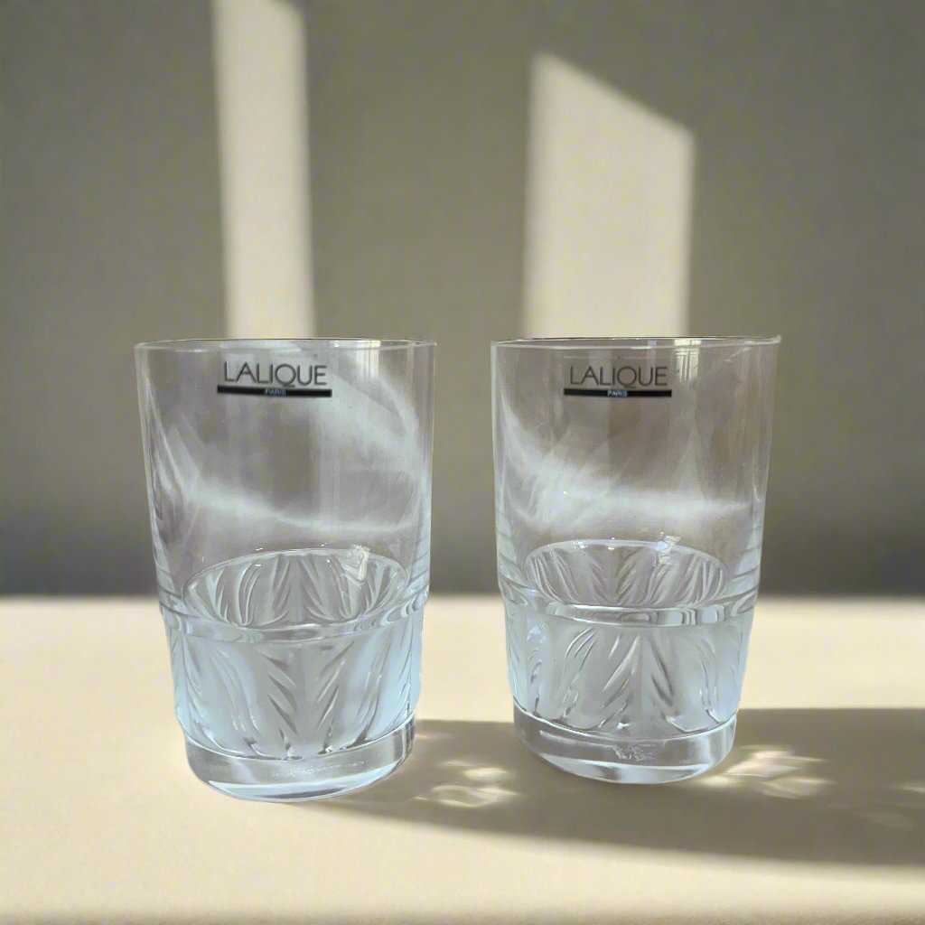 New Old Stock Lalique Crystal Flammes Flat Tumbler Set of 2 #1344700