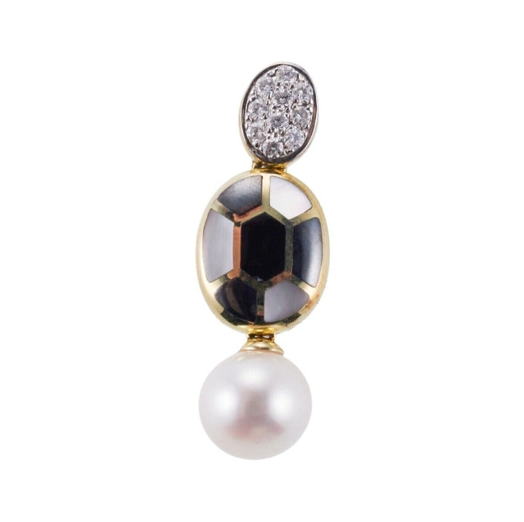 Asch Grossbardt Onyx MOP Inlay Diamond Pearl Gold Pendant