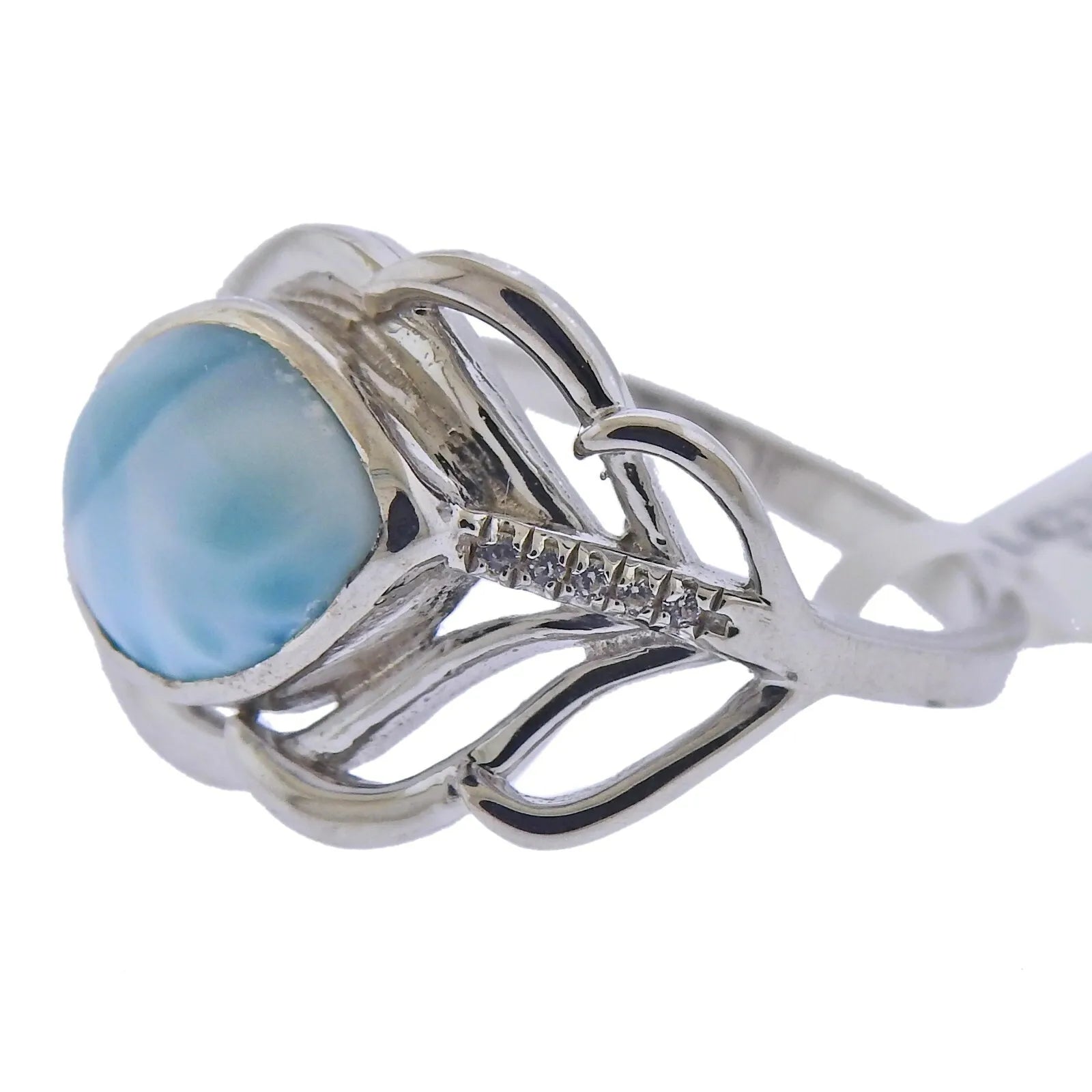 Marahlago Sterling Silver Larimar White Sapphire Feather Ring Retail $200  #39