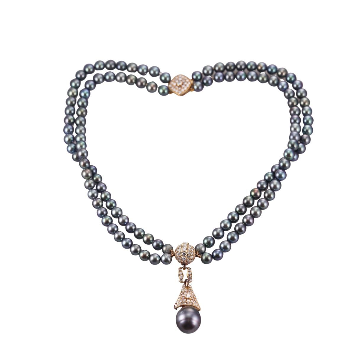 3.85ctw Diamond 14k Gold Tahitian Pearl Double Strand Necklace