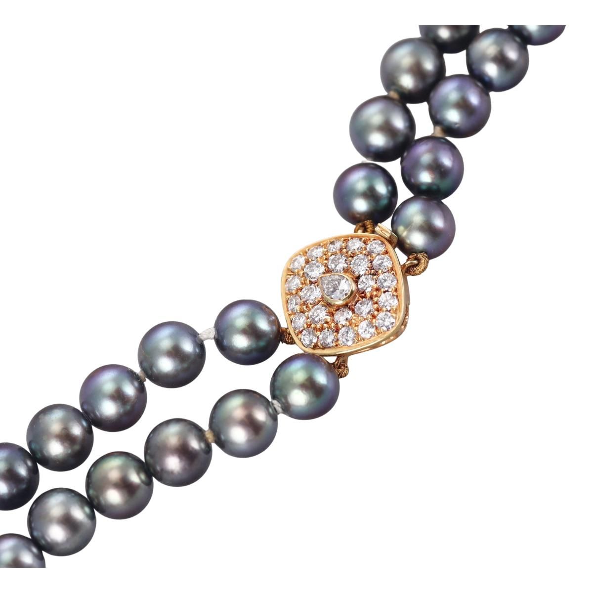 3.85ctw Diamond 14k Gold Tahitian Pearl Double Strand Necklace