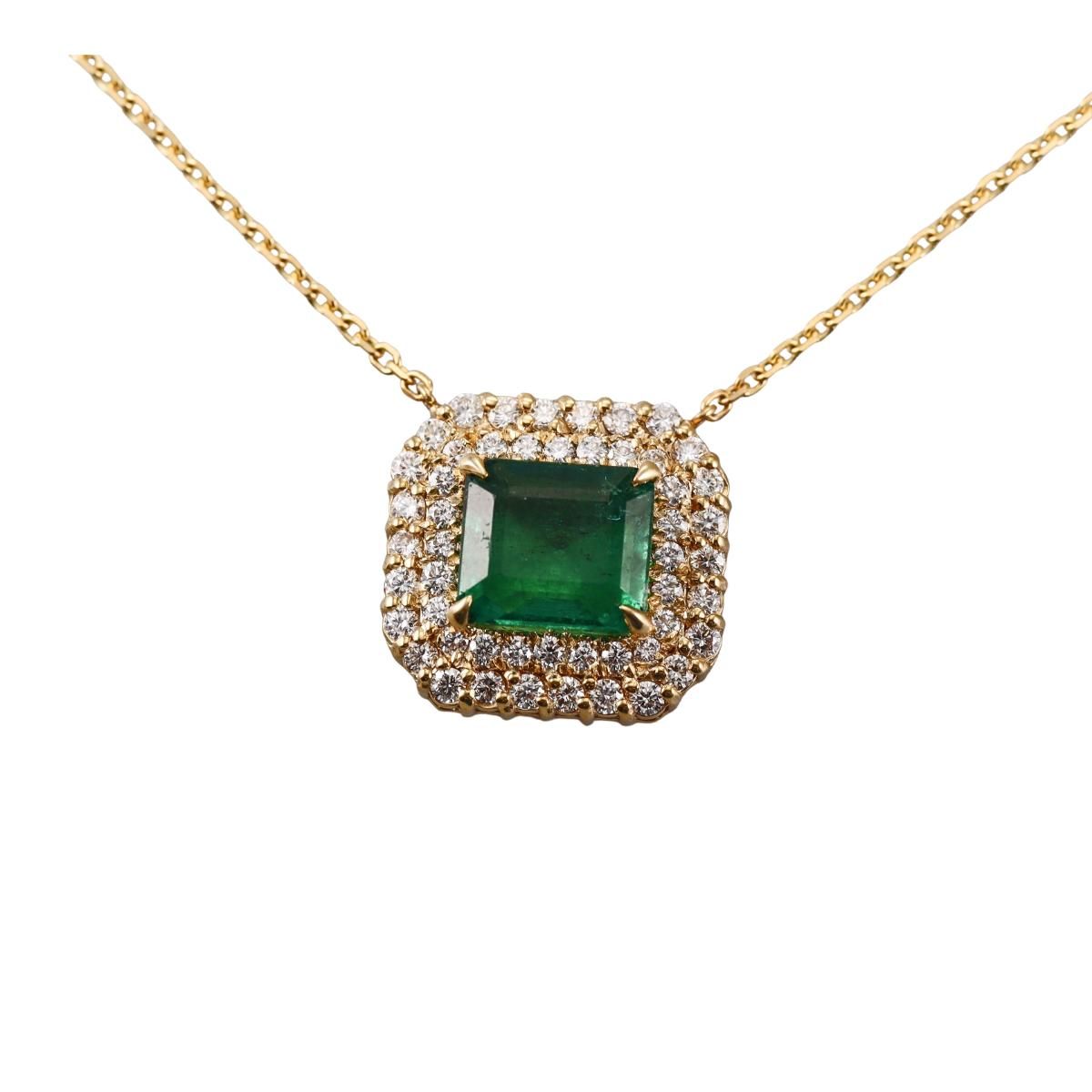 14k Gold Diamond Emerald Pendant Necklace