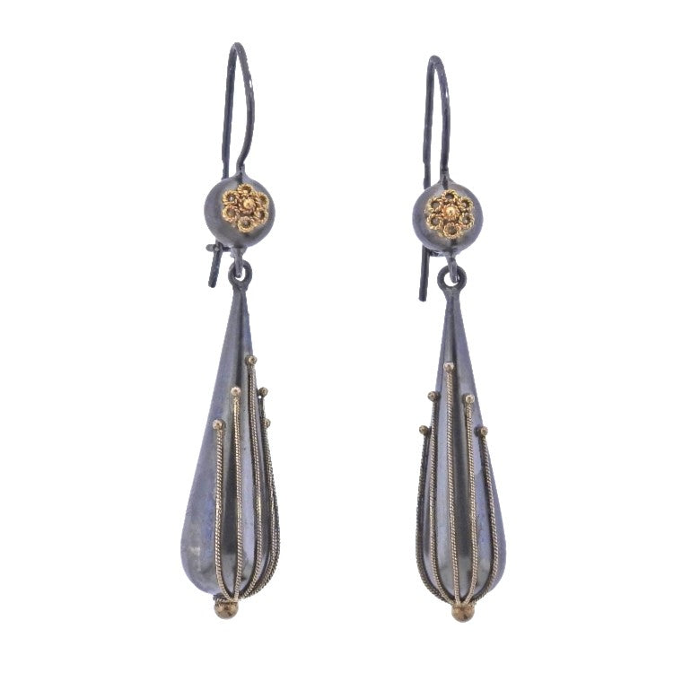 Castellani Gold Silver Granulated Filigree Teardrop Earrings