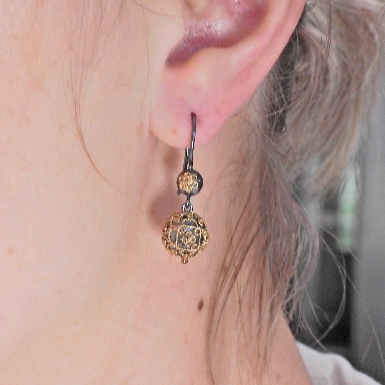 Castellani Gold Silver Granulated Filigree Ball Drop Earrings