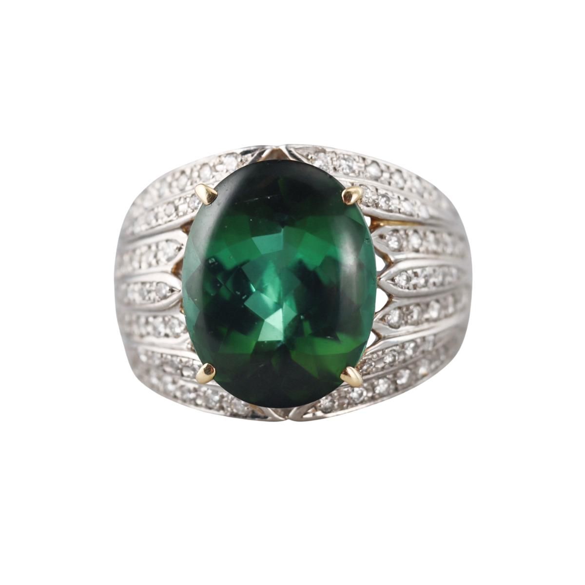 9.03ct Green Tourmaline Diamond Platinum Gold Cocktail Ring