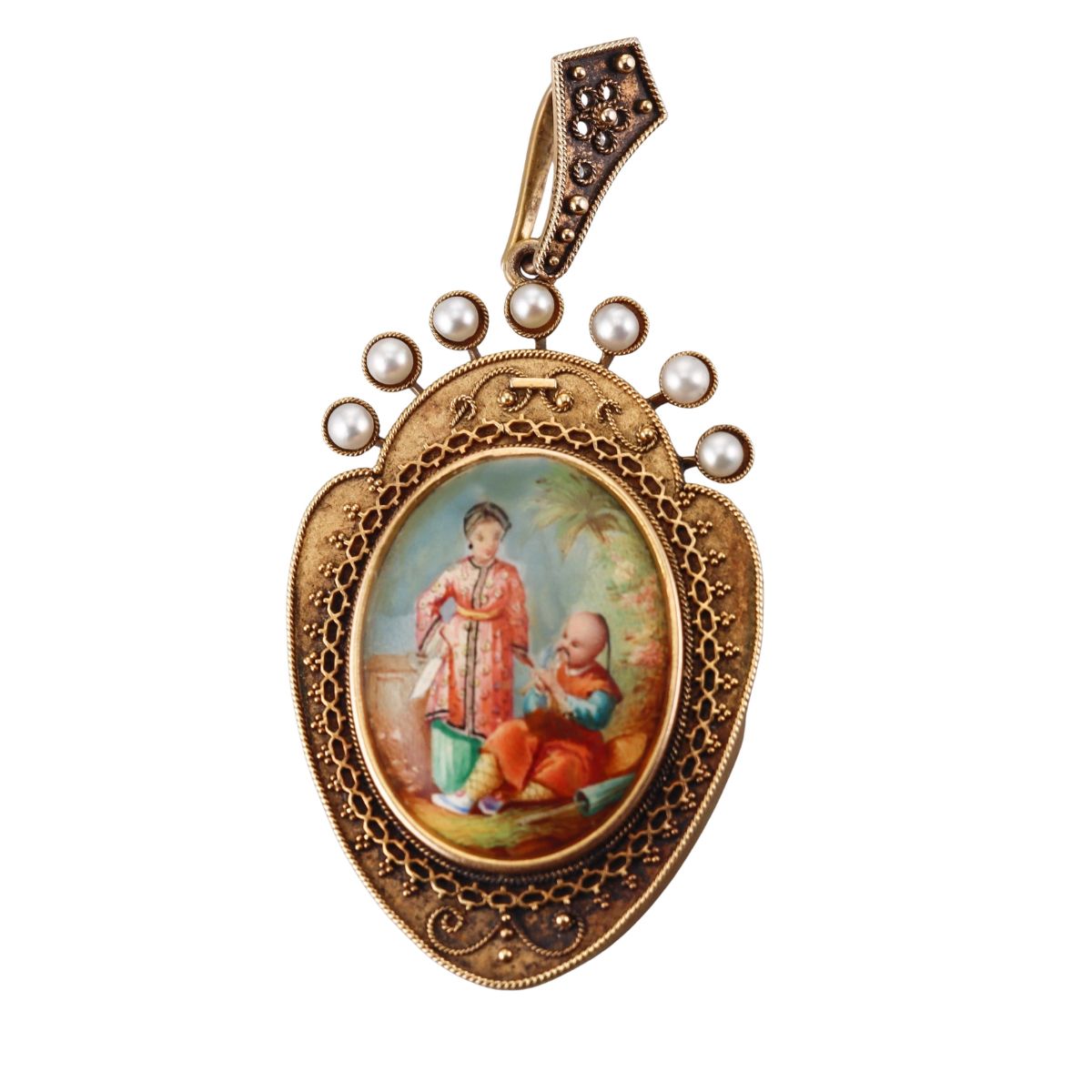 Antique Etruscan Beading 18k Gold Pearl Miniature Portrait Locket Pendant