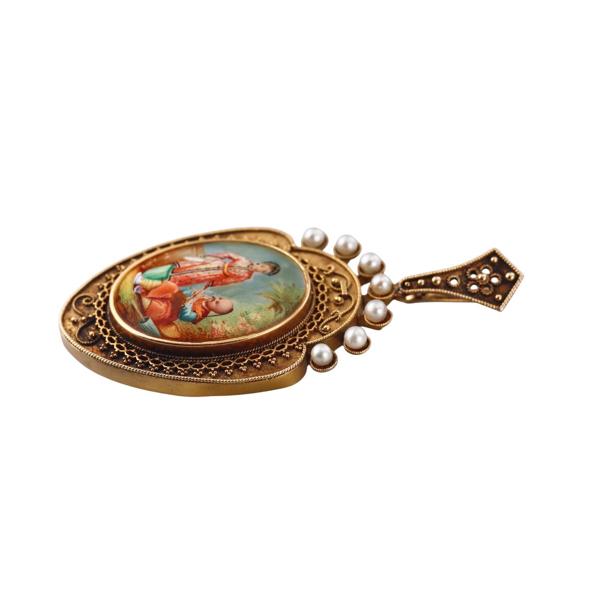 Antique Etruscan Beading 18k Gold Pearl Miniature Portrait Locket Pendant