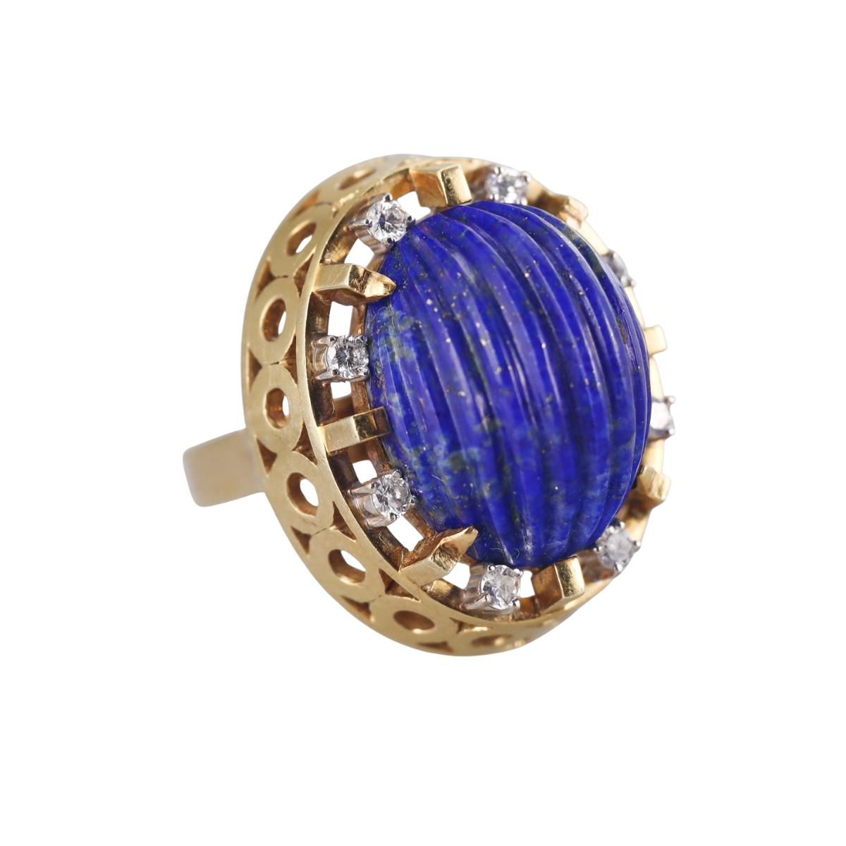 Toliro Italian 1970s 18k Gold Lapis Diamond Ring