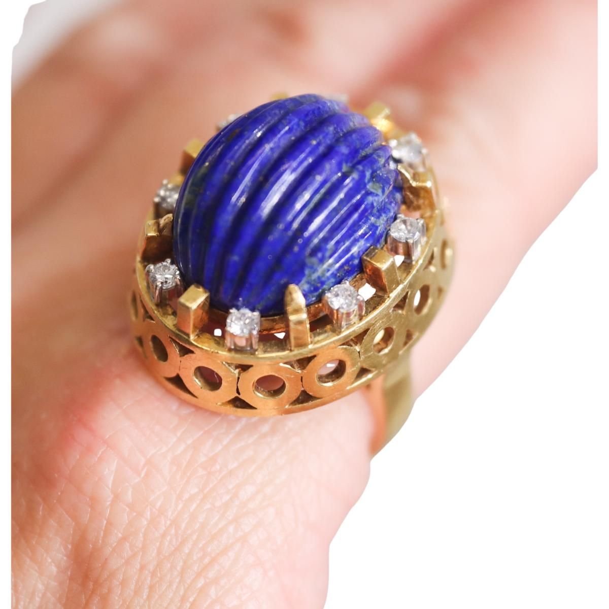Toliro Italian 1970s 18k Gold Lapis Diamond Ring