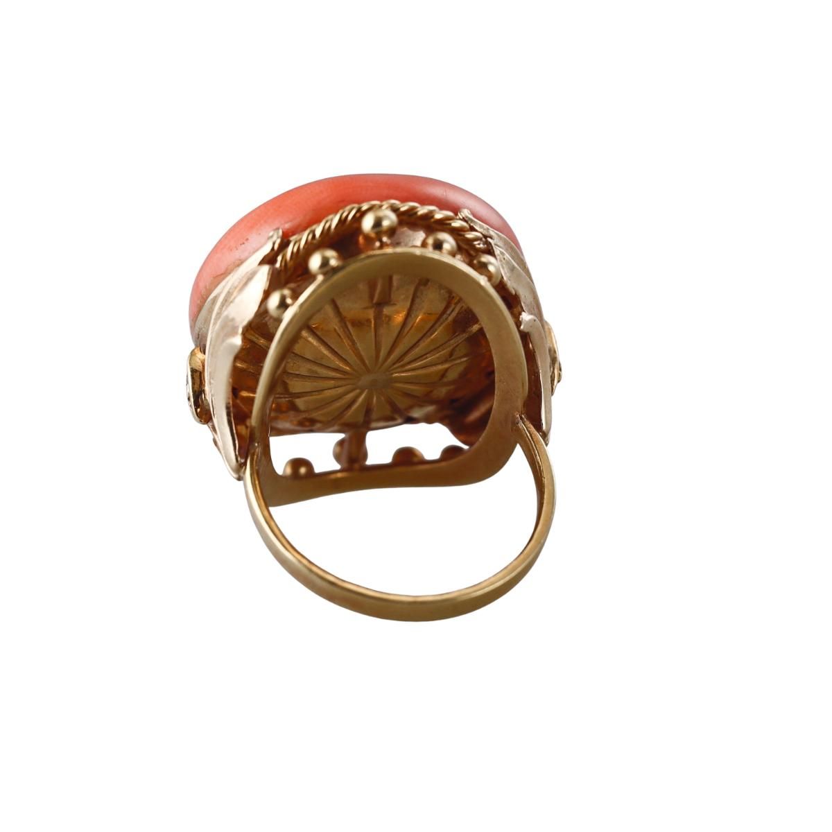1960s 18k Gold Coral Diamond Ring