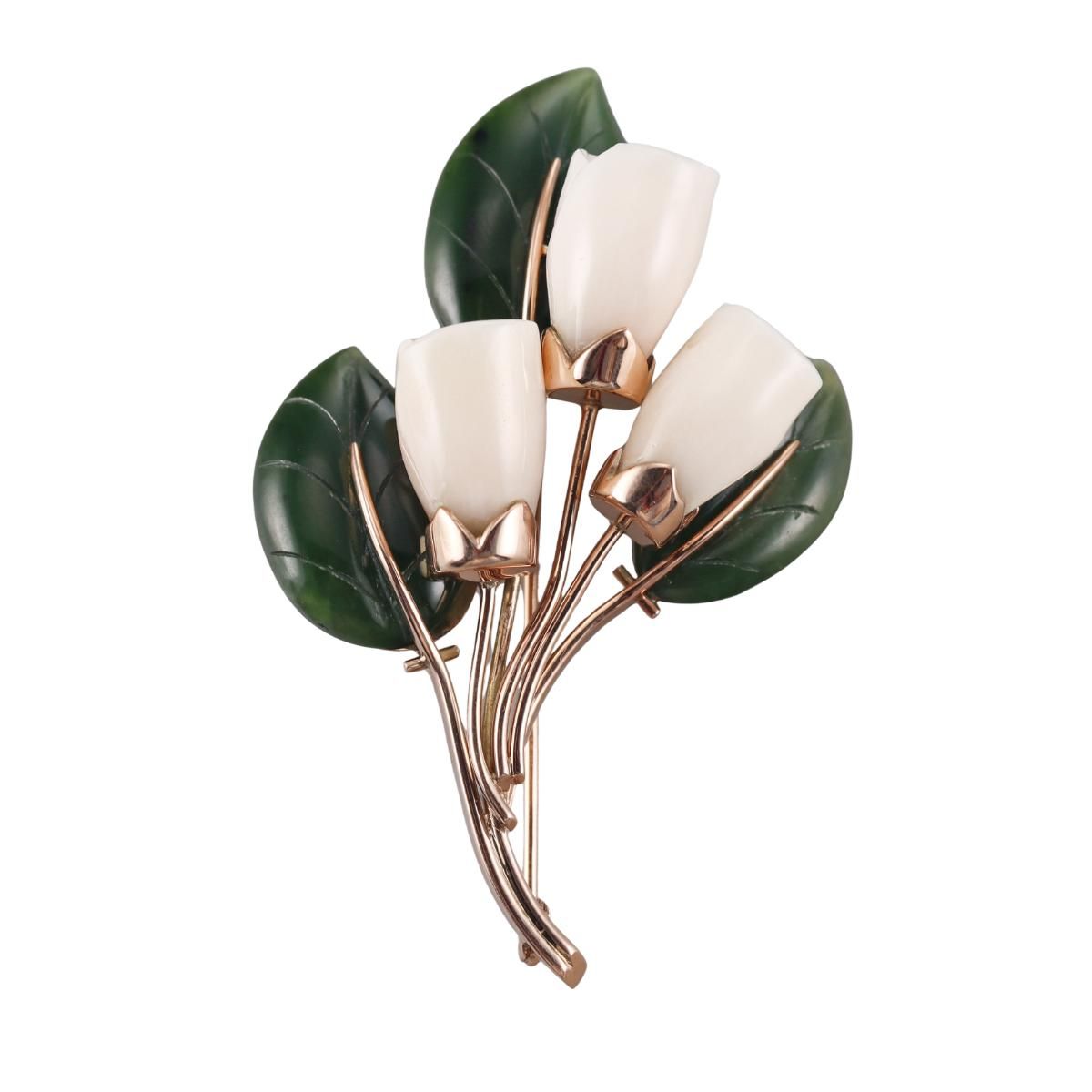 14k Gold Vintage Carved Nephrite Coral Floral Brooch Pin