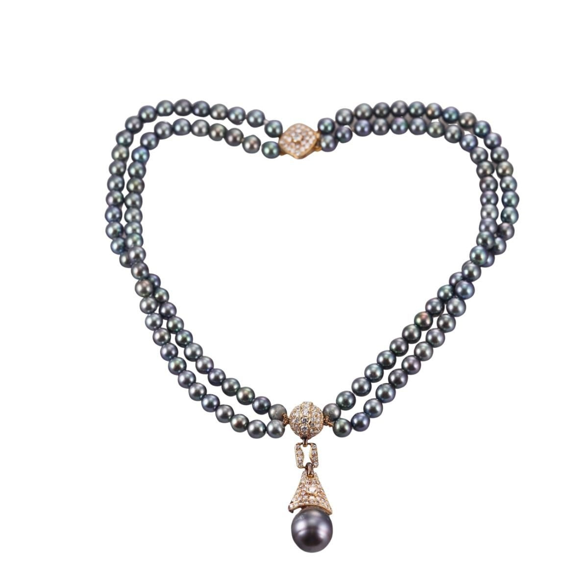 3.85ctw Diamond 14k Gold Tahitian Pearl Double Strand Necklace