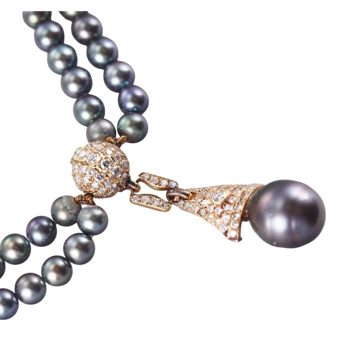 3.85ctw Diamond 14k Gold Tahitian Pearl Double Strand Necklace